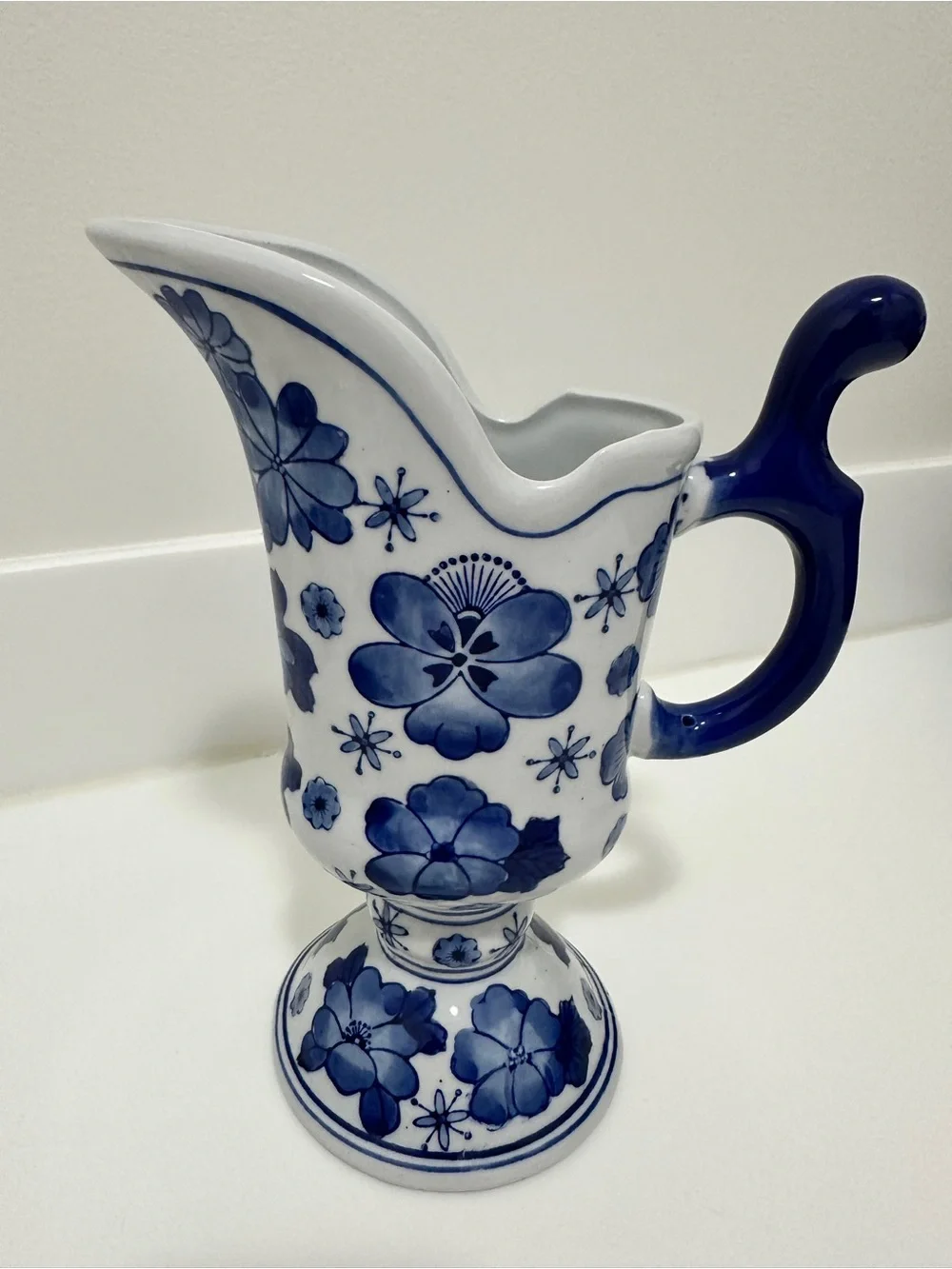 Blue & White Floral Pedestal Pitcher Vase – Decorative Home Decor